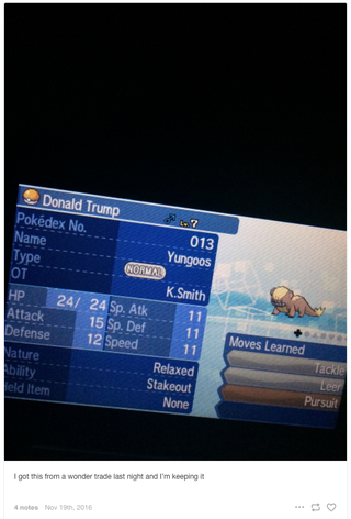 Illustration for article titled Pokemon Sun and Moon's Wonder Trade Is Full of Monsters Named Donald Trump